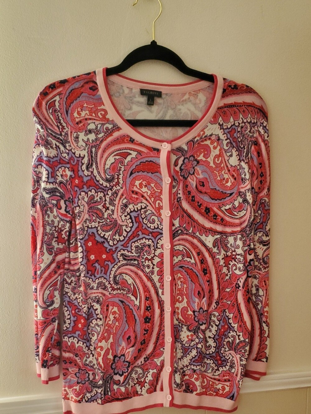 Talbots Pink Purple Paisley Button-Front Cardigan